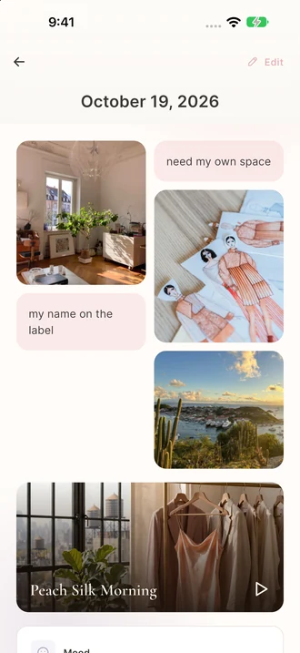Maya’s example journal in Lumina: a sunlit room, fashion sketches, a harbor sunset, and the notes ‘need my own space’ and ‘my name on the label’.