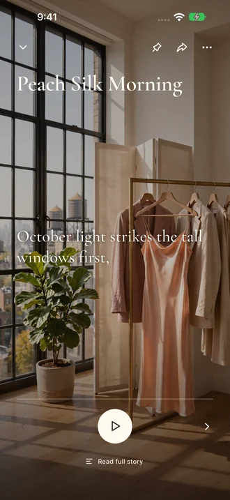 Lumina’s actual reader showing Peach Silk Morning, with a peach silk dress beside sunlit windows and narration controls.