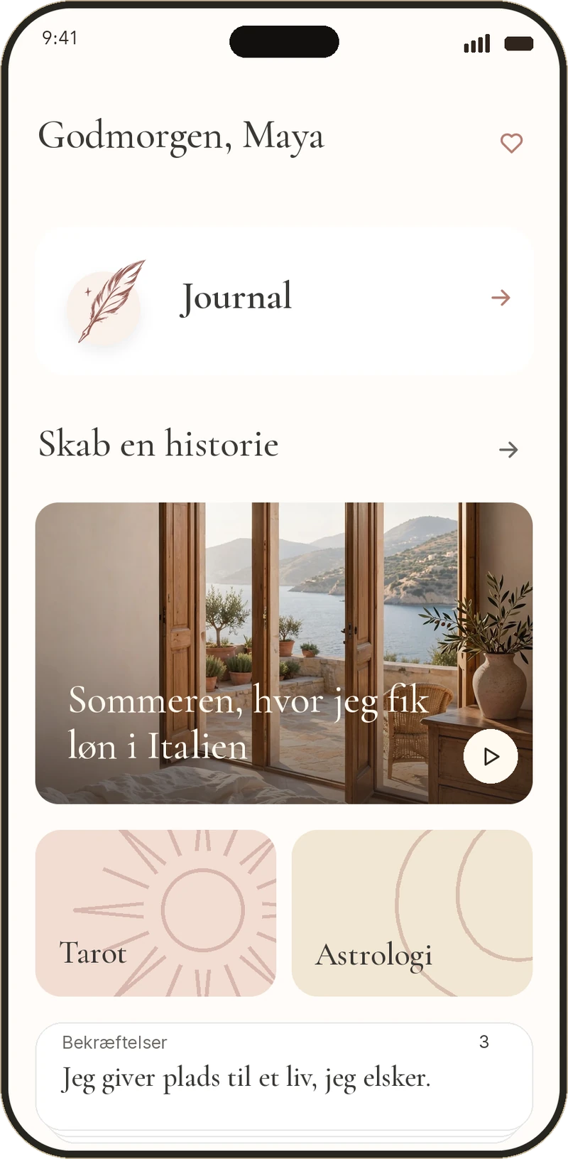elses startskærm med en daglig drøm og dagbog