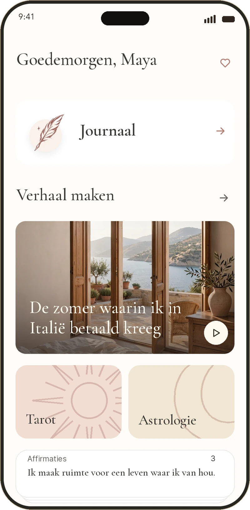 Het else-startscherm met een Dagelijkse Droom en dagboek